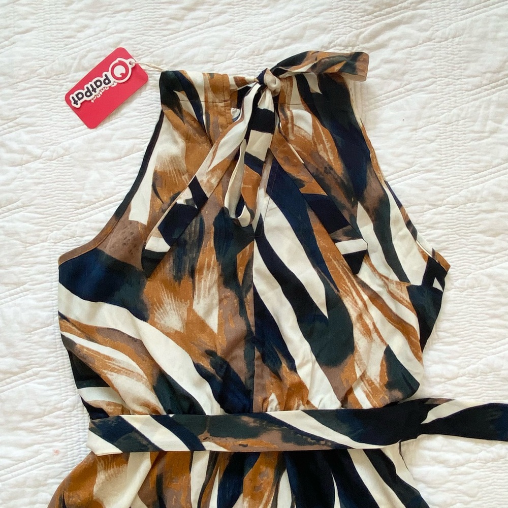 Patpat Allover Geo Print Halter Belted Midi Brown Women Dress - Picture 10 of 10